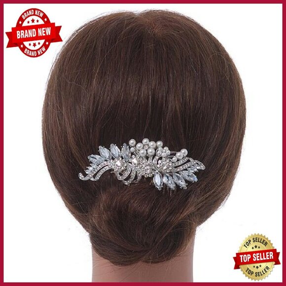 Rhodium Plated CZ Pearl Floral Side Hair Comb 100mm Wedding Party main image 8